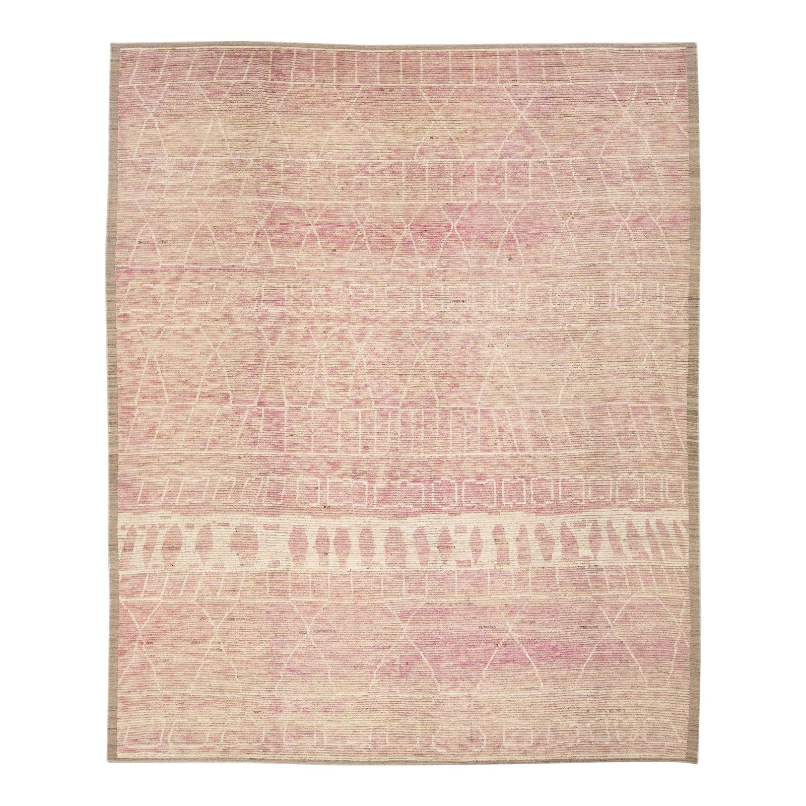 Oversize Handmade Moroccan Wool Rug Tribal Pink Beige 13'7 x 16'7: Oversize Handmade Moroccan Wool Rug Tribal Pink Beige 13'7 x 16'7 Enhance your space with this exquisite Moroccan style handmade wool rug, showcasing a beautiful beige field with pink and ivory accent