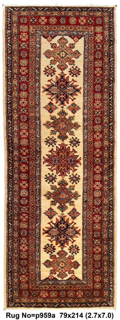 Handmade Super Kazak Runner 2.7 x 7 ft Ivory Finer Wool: Handmade Super Kazak Runner 2.7 x 7 ft Ivory Finer Wool Free continental US Shipping This exquisite 2.7 x 7 Kazak runner showcases a quality handmade design crafted from soft, silky finer wool in an e