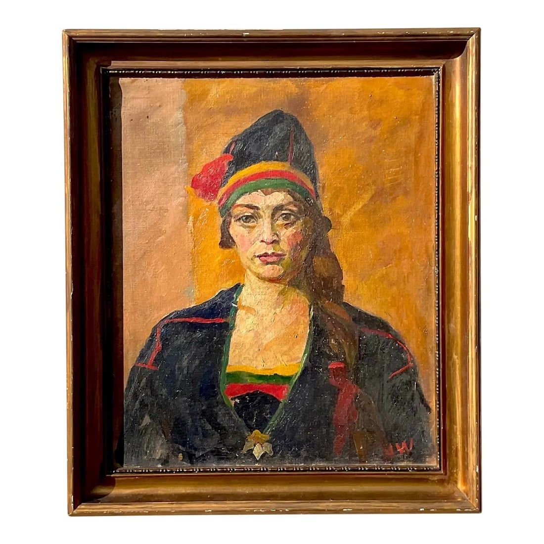 Vintage Boho Signed Oil Portrait on Canvas 26 x 30.5: Vintage Boho Signed Oil Portrait on Canvas 26 x 30.5 Discover a stunning vintage Boho original oil portrait on canvas that showcases a chic design with deep rich colors. This piece is signed by the