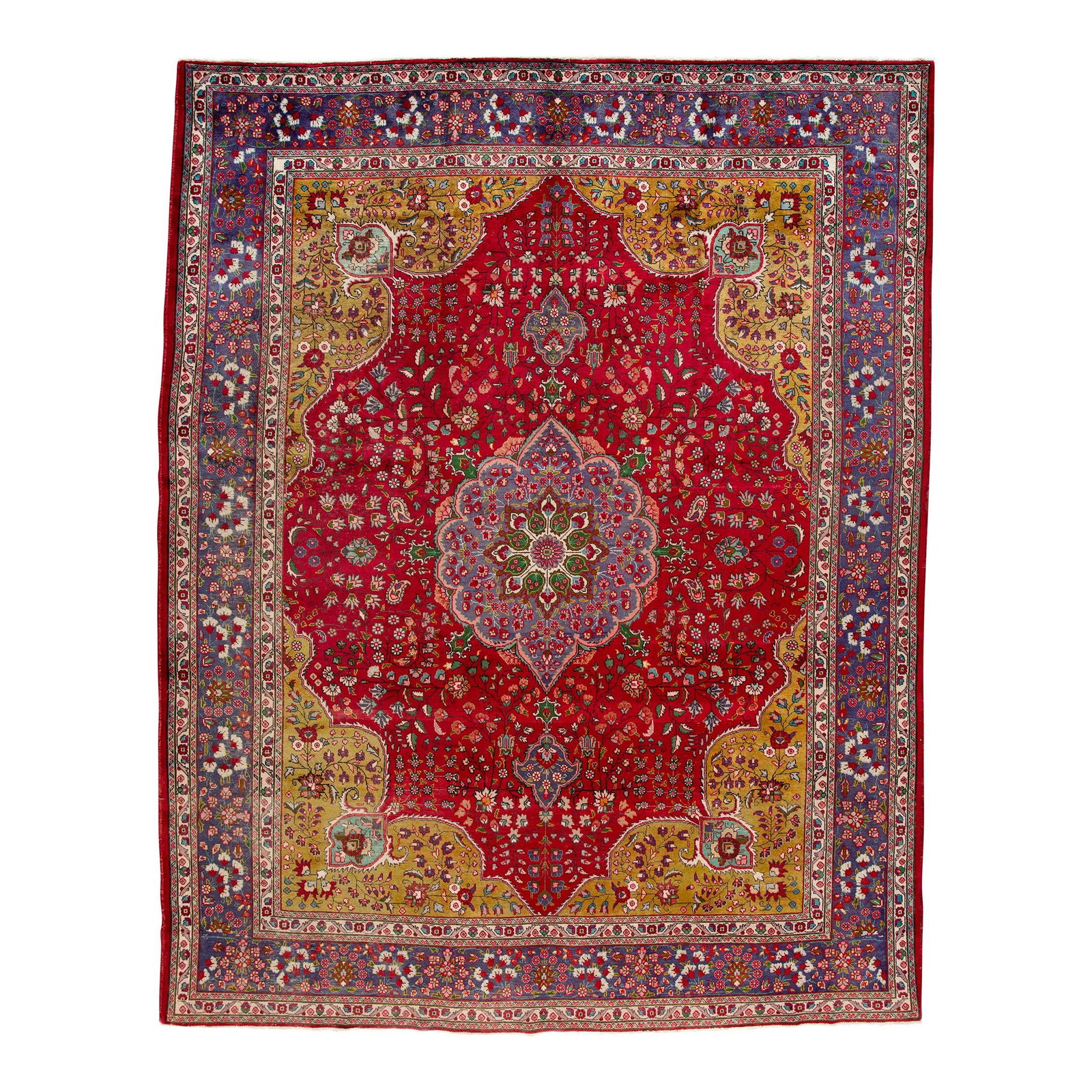 1920s Handmade Persian Tabriz Wool Rug Red Field Medallion Design: 1920s Handmade Persian Tabriz Wool Rug Red Field Medallion Design Discover a stunning handmade Persian Tabriz rug from the 1920s, featuring a vibrant red field adorned with a beautifully intricate