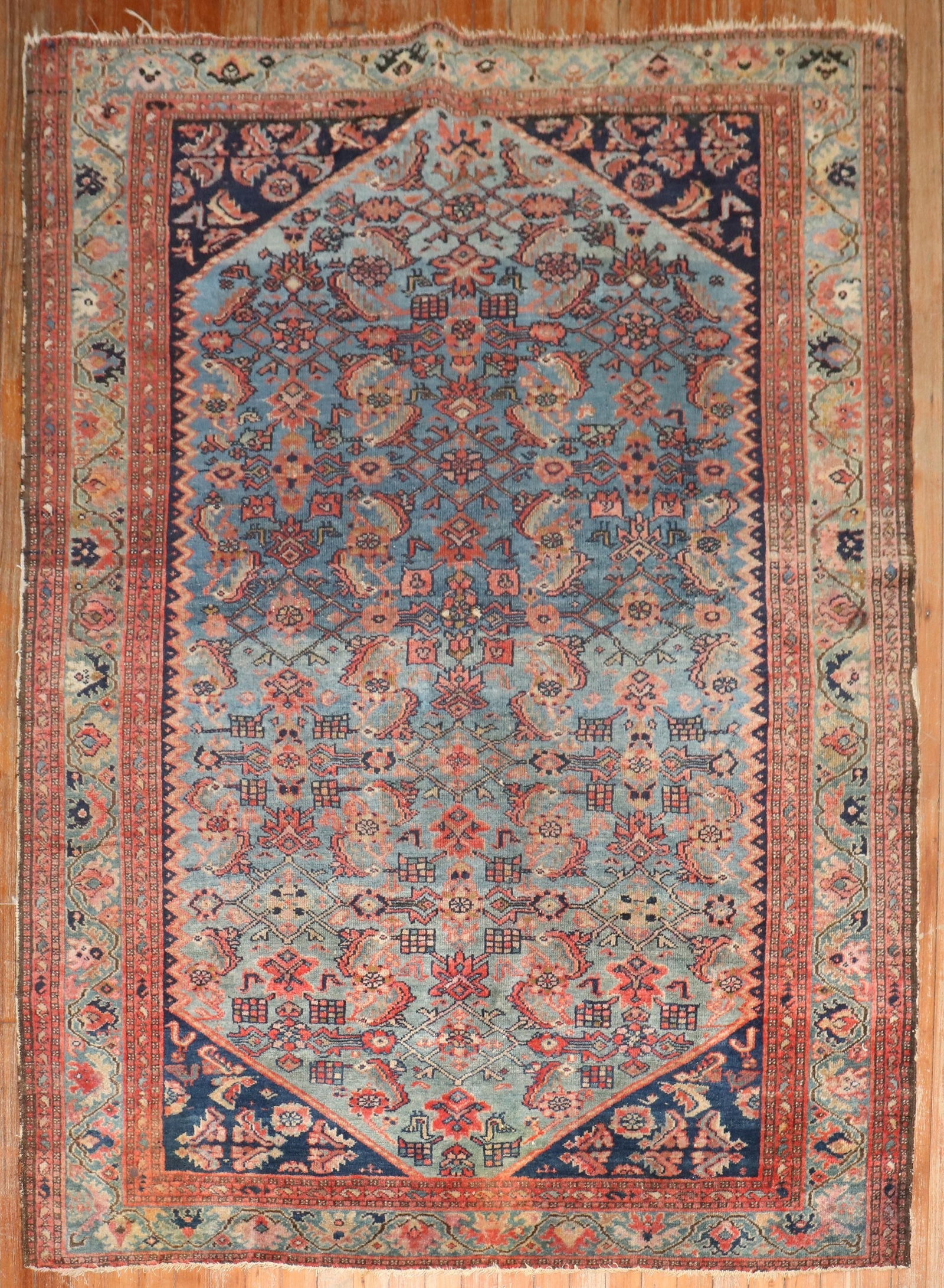 4' 9" x 5' 11" Persian Malayer Accent Rug Herati Design: 4' 9" x 5' 11" Persian Malayer Accent Rug Herati Design Antique distressed Malayer rug with a silky aqua field and a finely woven Herati design. This pre-owned Persian rug is described as Hamadan, Mal