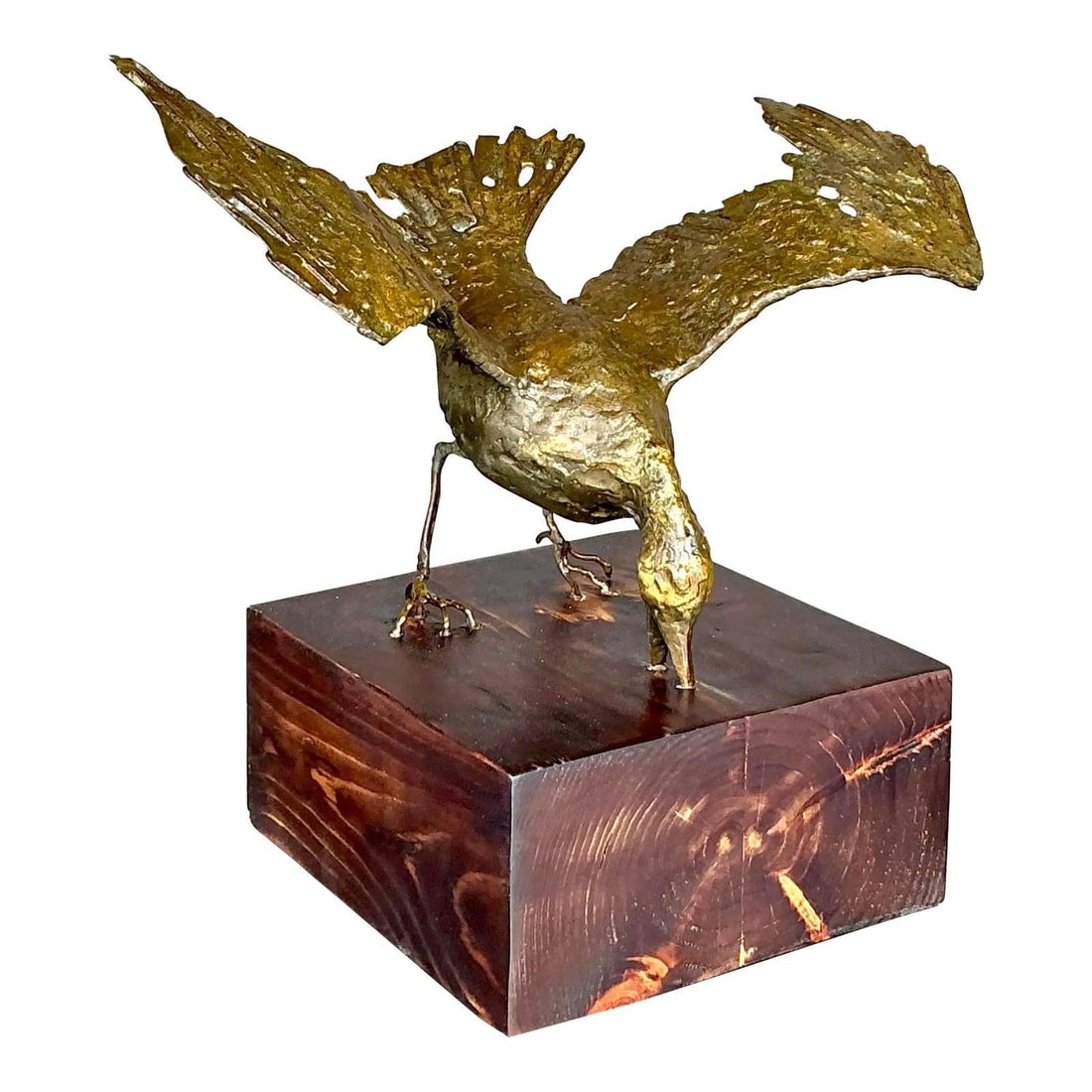 Vintage Boho Gilt Bird Sculpture on Wood Base 14 x 10 x 12.75: Vintage Boho Gilt Bird Sculpture on Wood Base 14 x 10 x 12.75 This vintage gilt bird sculpture embodies grace and strength, capturing the essence of mid-flight with its striking movement and texture. 