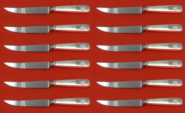 Whiting Madam Jumel Sterling Silver Steak Knives Set of 12 8.5 Inch: Whiting Madam Jumel Sterling Silver Steak Knives Set of 12 8.5 Inch This exquisite set of 12 steak knives, crafted by Whiting in the elegant Madam Jumel pattern, features hollow handles made of sterli