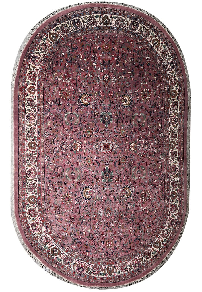 Handmade Kashan Oval Wool Rug 67 x 96 in Pink Ivory Green Blue: Handmade Kashan Oval Wool Rug 67 x 96 in Pink Ivory Green Blue Free continental US Shipping This handmade Kashan area rug features an elegant oval shape and is crafted from premium wool with a hand-kn