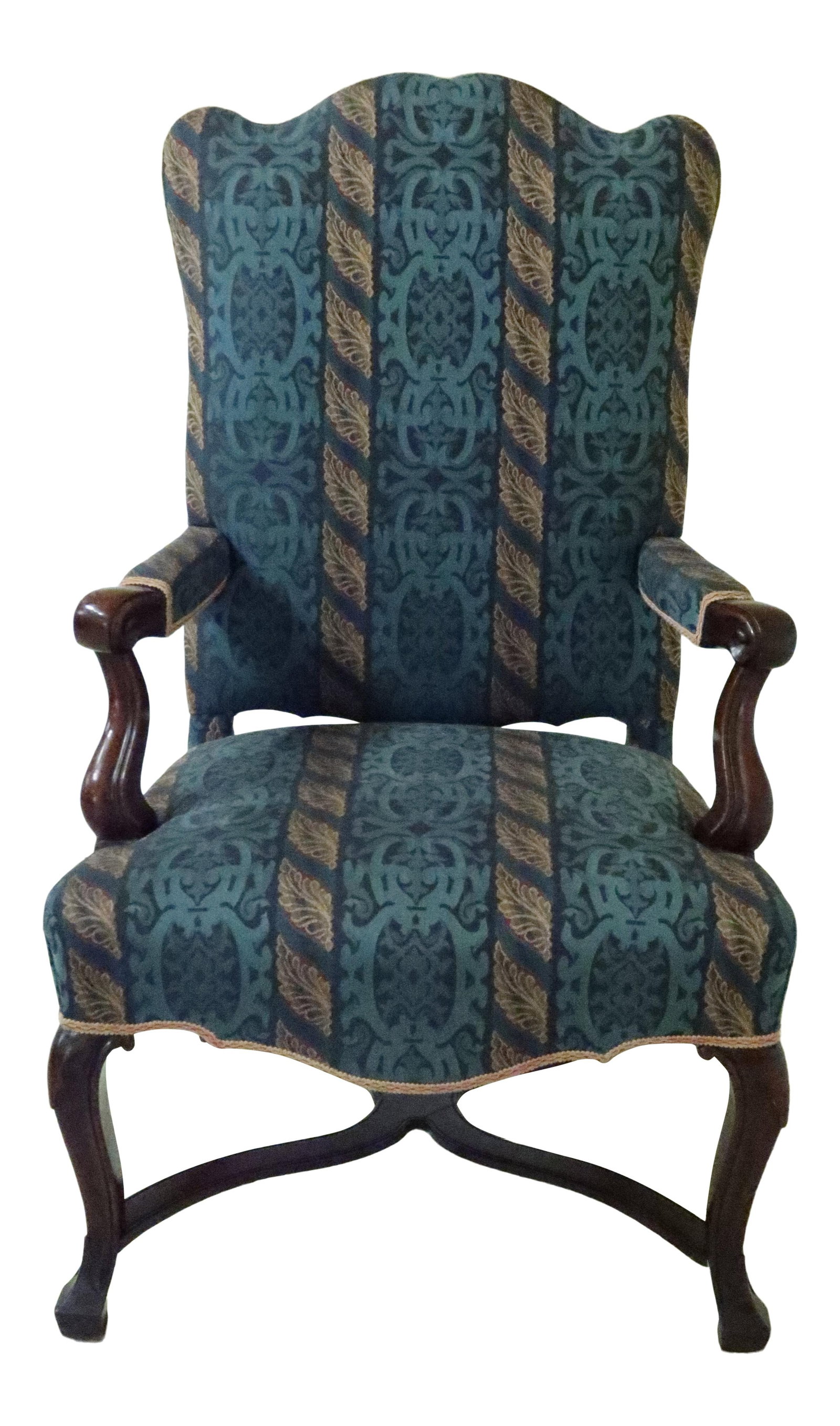 Antique Baroque Open Arm Throne Chair 150-200 Years Old Blue Upholstery: Antique Baroque Open Arm Throne Chair 150-200 Years Old Blue Upholstery This exquisite Period Antique Baroque Open Arm Throne Chair showcases fine carved details and high-quality construction, embodyi