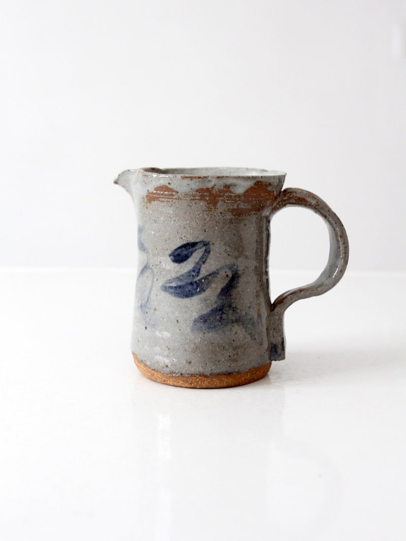 Signed Studio Pottery Pitcher Gray Glaze Cobalt Brushwork (1 of 12)