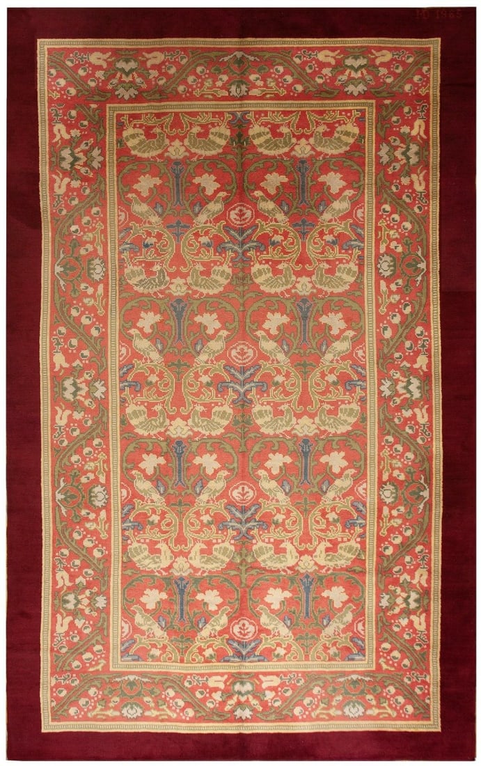 Hand Knotted Wool Arts Crafts Bird Rug 10x17 Pink Signed: Hand Knotted Wool Arts Crafts Bird Rug 10x17 Pink Signed This rare vintage Arts & Crafts area rug features a unique bird design and is signed. Hand-knotted from 100% wool, the rug showcases Art Nouvea