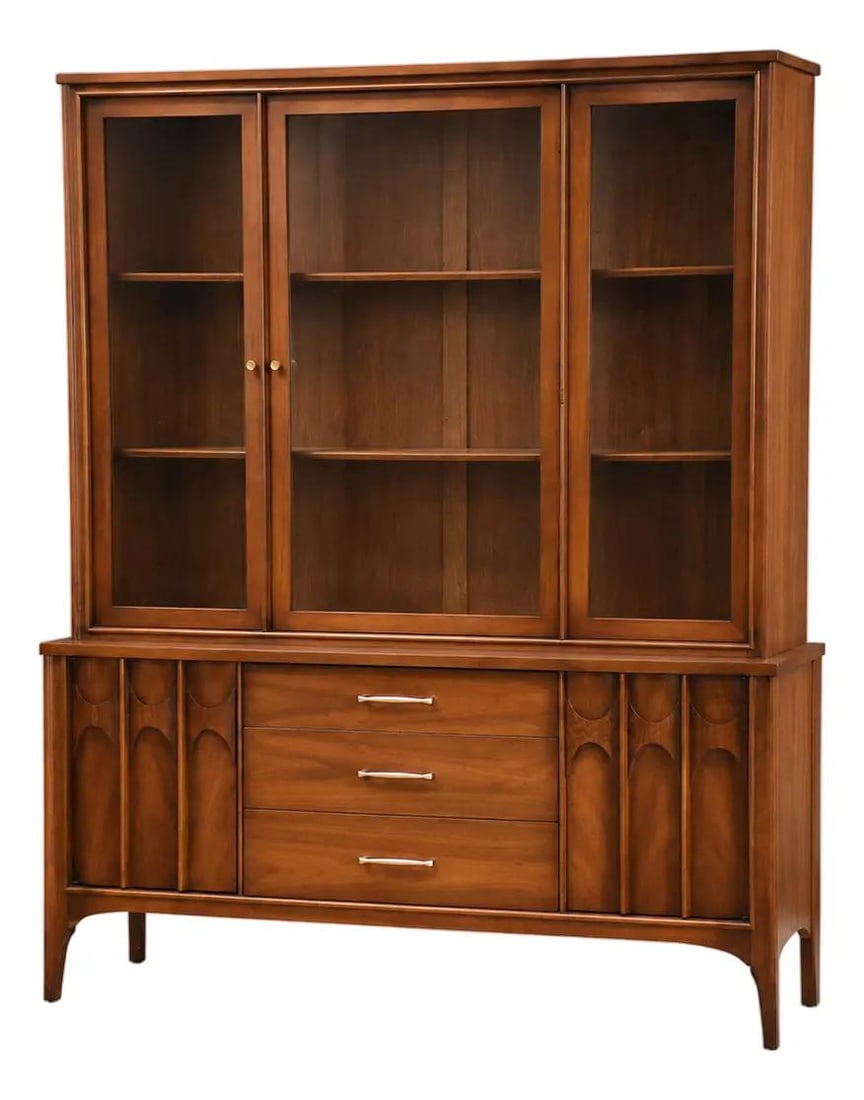 Mid Century Kent Coffey Perspecta Walnut Hutch Credenza 55.25 x 16 x 73.25: Mid Century Kent Coffey Perspecta Walnut Hutch Credenza 55.25 x 16 x 73.25 This mid-century modern credenza hutch from the Kent Coffey Perspecta line features a blend of walnut and rosewood. The piece
