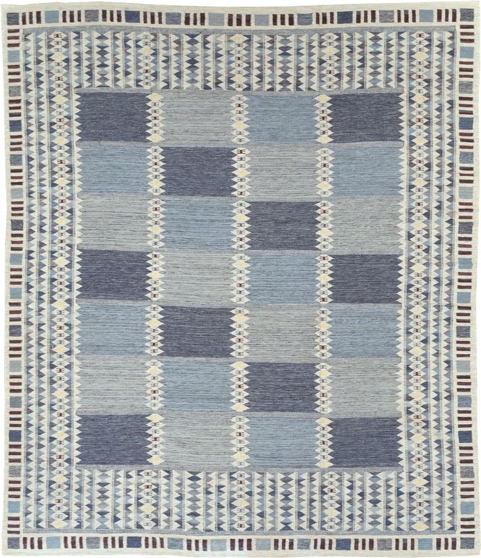 12' 11" x 15' 3" Oversize Swedish Kilim Rug Blue Cream Gray (1 of 4)