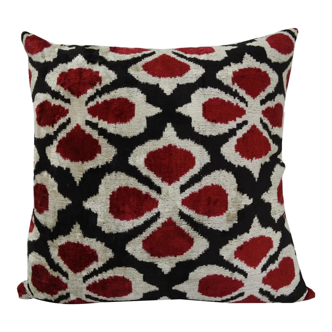 Ruby Red Ikat Velvet Silk Pillow with Linen Backing 22 x 22: Ruby Red Ikat Velvet Silk Pillow with Linen Backing 22 x 22 This hand-made square pillow cushion features a vibrant ruby red silk Uzbek ikat velvet front, complemented by a natural linen backing and a