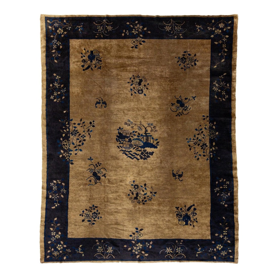 Antique Chinese Art Deco Brown Wool Rug 9' x 11'4: Antique Chinese Art Deco Brown Wool Rug 9' x 11'4 This exquisite antique Chinese Art Deco rug is hand-knotted from high-quality wool, showcasing a rich deep brown background beautifully accented with 