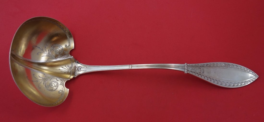 Schulz & Fischer Olympic Sterling Silver Soup Ladle 13.5 Inch Gold Washed: Schulz & Fischer Olympic Sterling Silver Soup Ladle 13.5 Inch Gold Washed Discover the exquisite Olympic pattern soup or punch ladle by Schulz & Fischer, crafted from high-quality sterling silver. Thi