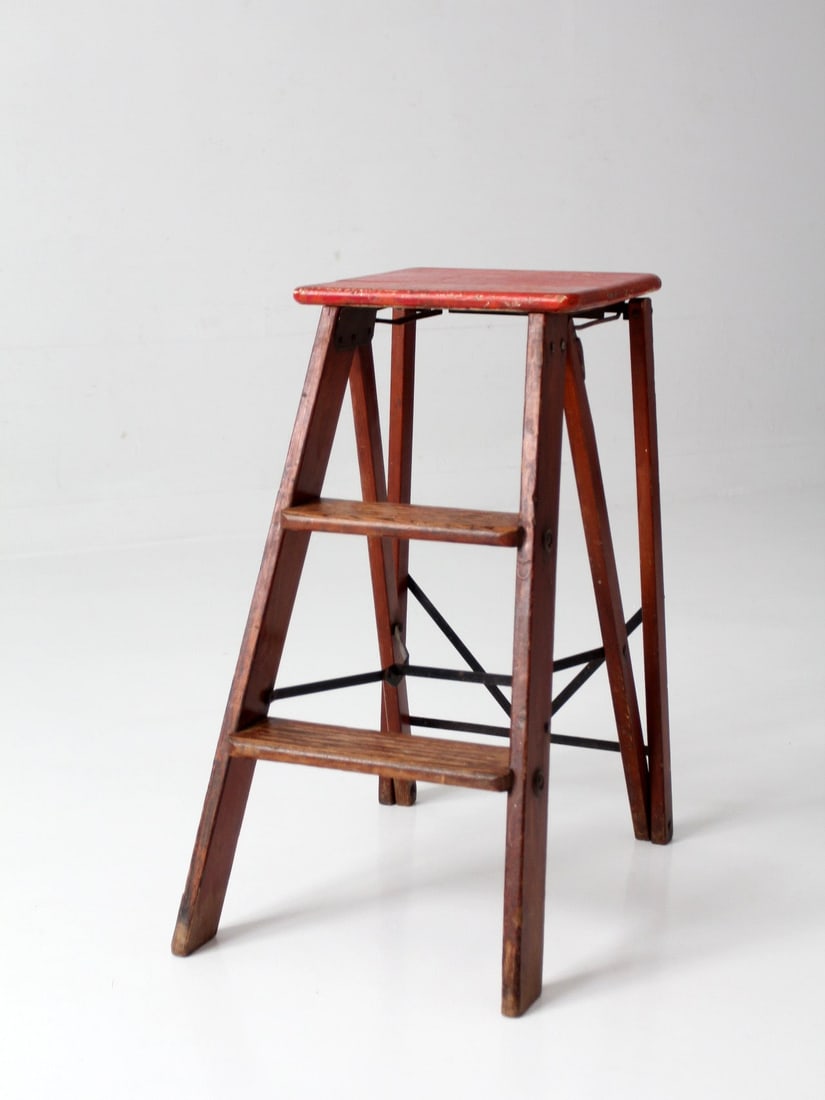 Mid Century Wood Step Stool Folding Ladder Red Top (1 of 18)