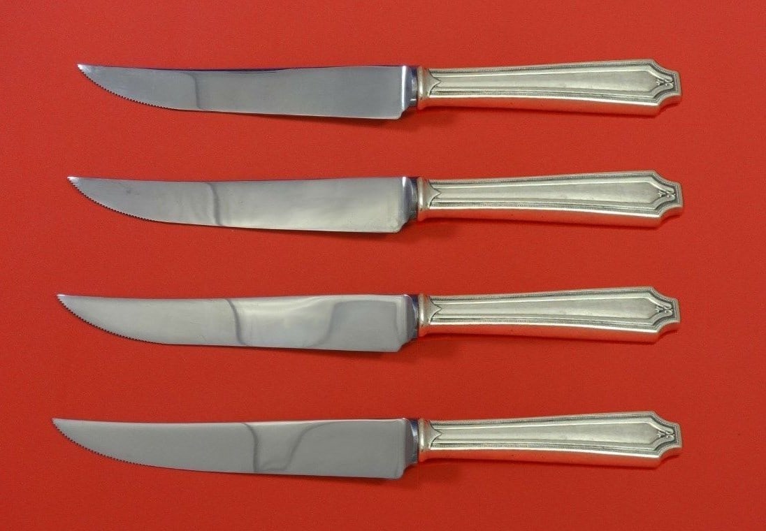 Whiting King Albert Sterling Silver Steak Knife Set 4pc Custom 8.5": Whiting King Albert Sterling Silver Steak Knife Set 4pc Custom 8.5" Enhance your dining experience with this exquisite 4-piece steak knife set in the King Albert pattern by Whiting. Crafted from sterl