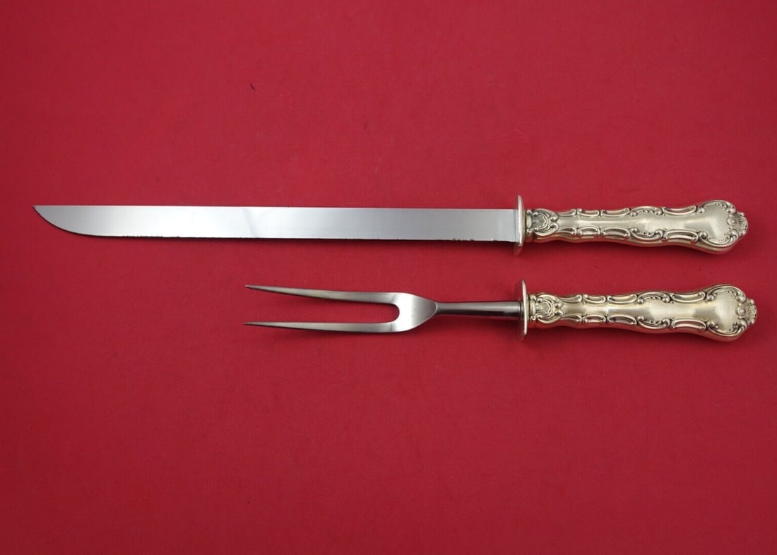 Gorham Strasbourg Sterling Silver 2pc Roast Carving Set Knife Fork: Gorham Strasbourg Sterling Silver 2pc Roast Carving Set Knife Fork Elevate your dining experience with this exquisite Strasbourg Roast Carving Set by Gorham, crafted from sterling silver (.925). This 