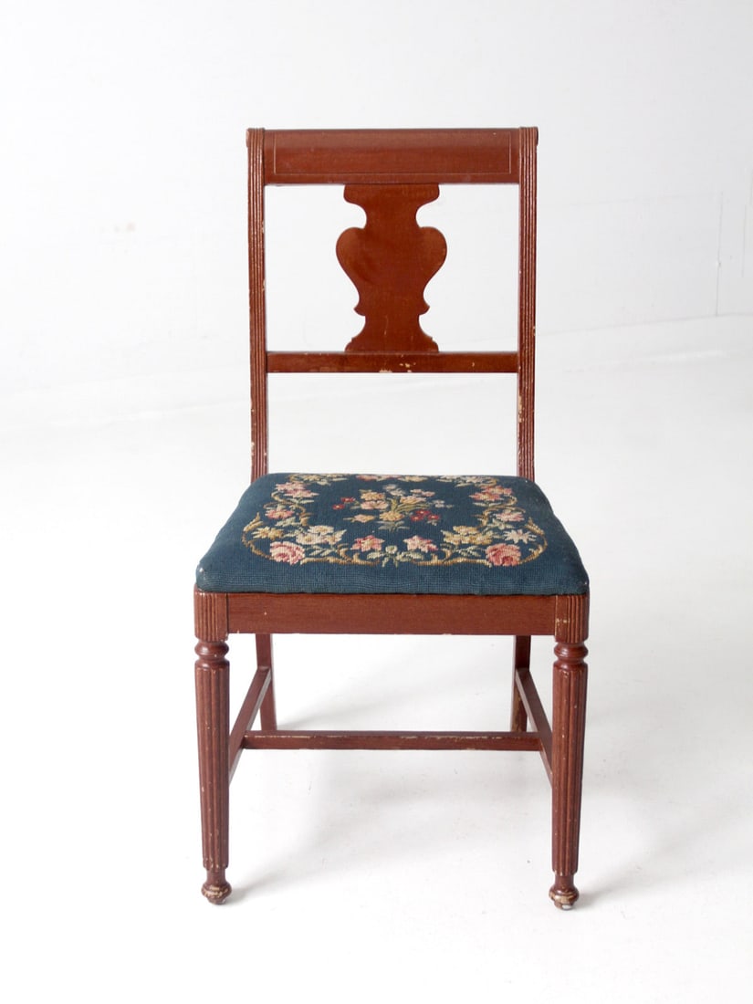 Vintage Victorian Accent Chair Blue Needlepoint Floral Fiddle Back: Vintage Victorian Accent Chair Blue Needlepoint Floral Fiddle Back This vintage Victorian style accent chair features a beautifully crafted blue needlepoint floral seat, making it a charming addition 
