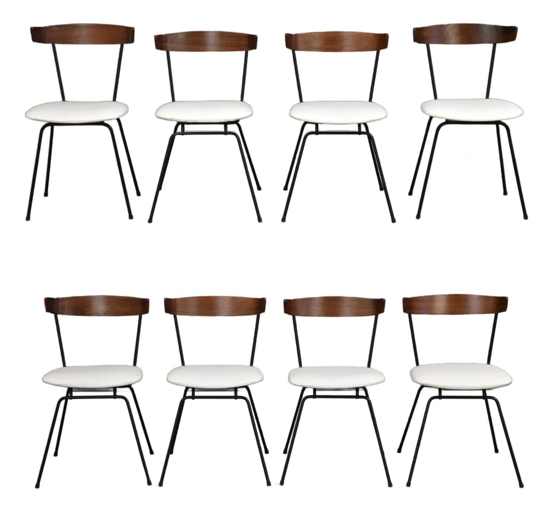 Set of 8 Mid Century Walnut and Steel Dining Chairs with White Vinyl Seats: Set of 8 Mid Century Walnut and Steel Dining Chairs with White Vinyl Seats This set of eight mid-century modern dining chairs features walnut backs, newly reupholstered white vinyl seats, and black st