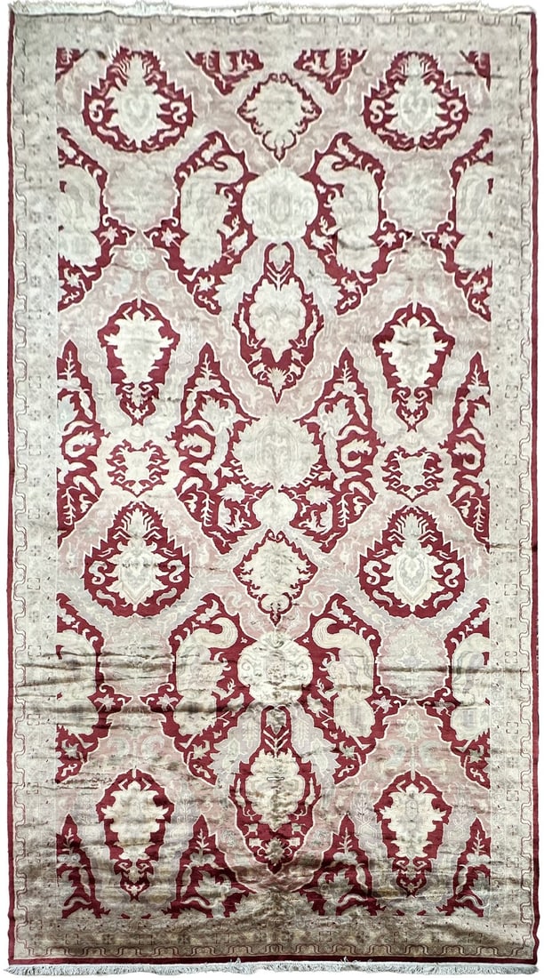 8'10" x 17'4" Caucasian Art Nouveau Wool Silk Rug: 8'10" x 17'4" Caucasian Art Nouveau Wool Silk Rug Vintage Art Nouveau geometric Caucasian rug in red, ivory, and beige. It features a fine hand-knotted weave with wool and silk construction, a geometr