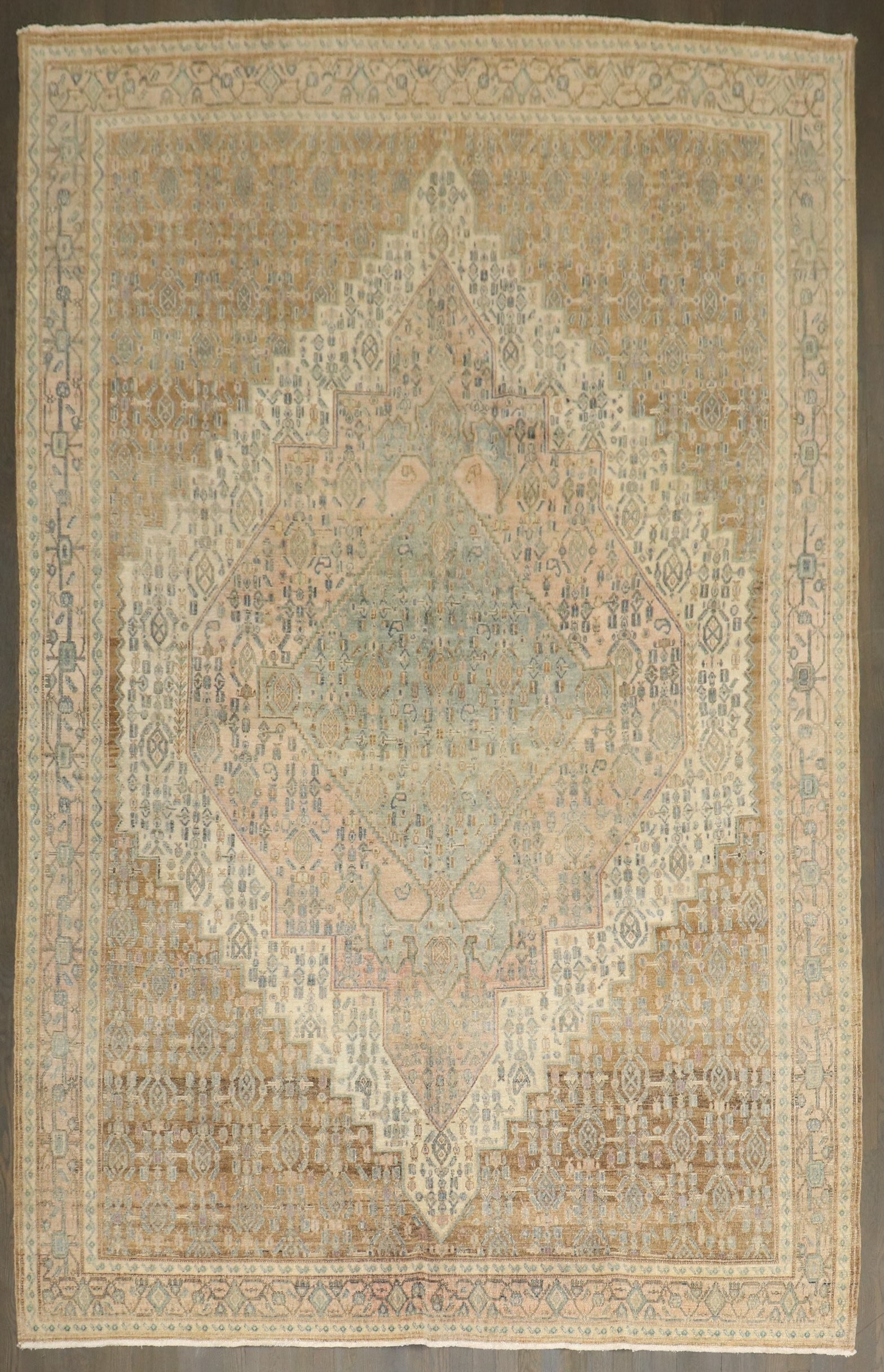 7' x 10' 6" Persian Senneh Room Rug in Mint and Lavender: 7' x 10' 6" Persian Senneh Room Rug in Mint and Lavender Early 20th-century Persian Senneh rug in a room-size format, featuring mint green and lavender tones. This pre-owned rug is identified as an in