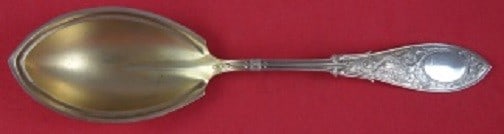 Whiting Arabesque Sterling Silver Preserve Spoon Goldwashed 7.5": Whiting Arabesque Sterling Silver Preserve Spoon Goldwashed 7.5" This exquisite serving spoon is a sterling silver preserve spoon from the renowned Whiting brand, crafted in the elegant Arabesque patt