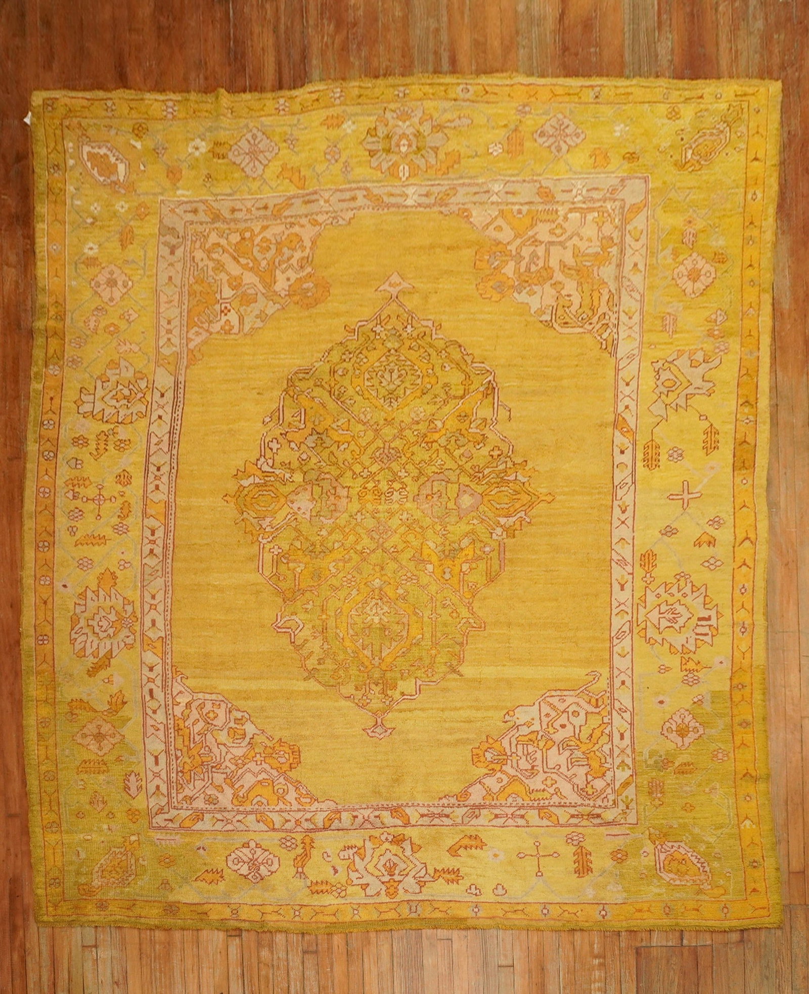9' 5" x 11' 4" Turkish Oushak Rug Late 19th Century Yellow Green: 9' 5" x 11' 4" Turkish Oushak Rug Late 19th Century Yellow Green Late 19th century Turkish Oushak rug with a full pile and a spacious open-field medallion design in bright yellow and green hues. This 