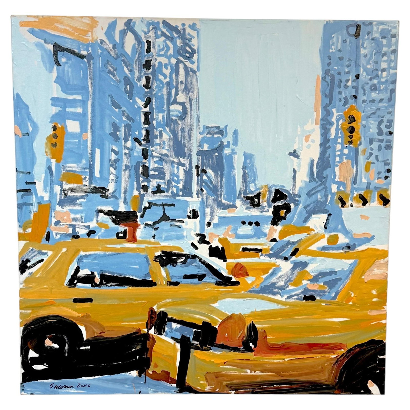40 in Square Oil on Canvas NYC Taxi Traffic Scene by Salomon 2016: 40 in Square Oil on Canvas NYC Taxi Traffic Scene by Salomon 2016 Large modern oil on canvas painting depicting a New York City taxi traffic jam. Signed "Salomon 2016" at the lower left, this square-f
