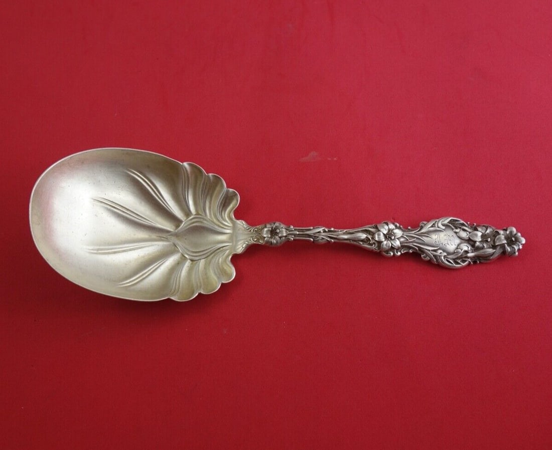 Rare Whiting Lily Sterling Silver Gold Wash Serving Spoon 9.25": Rare Whiting Lily Sterling Silver Gold Wash Serving Spoon 9.25" This exquisite serving spoon from the Lily pattern by Whiting is crafted from sterling silver (.925) and features a stunning gold wash f