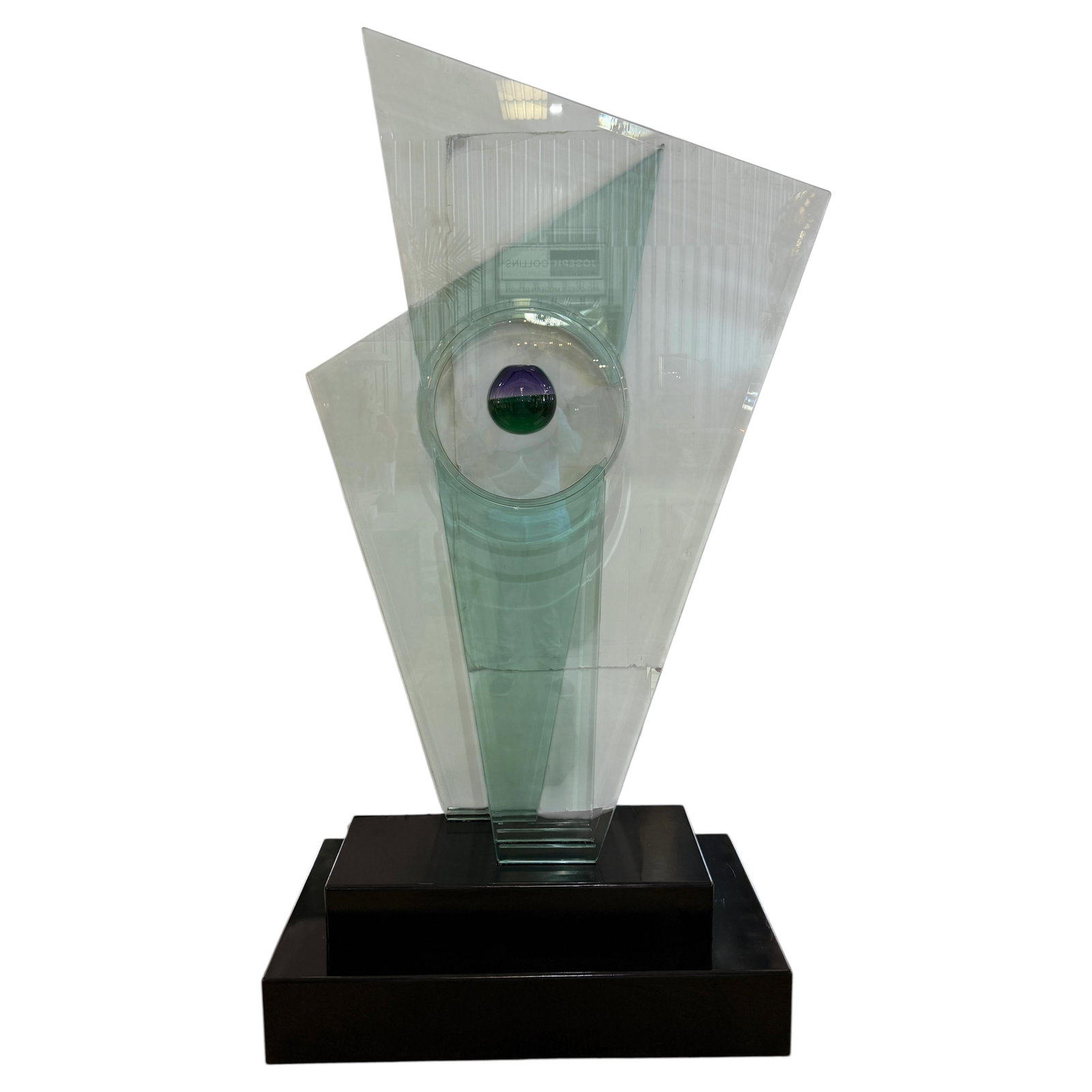 Monumental Architectural Studio Glass Sculpture With Suspended Sommerso Vase 101 Inches High: Monumental Architectural Studio Glass Sculpture With Suspended Sommerso Vase 101 Inches High This monumental architectural studio glass sculpture features a suspended sommerso vase at its center, exem