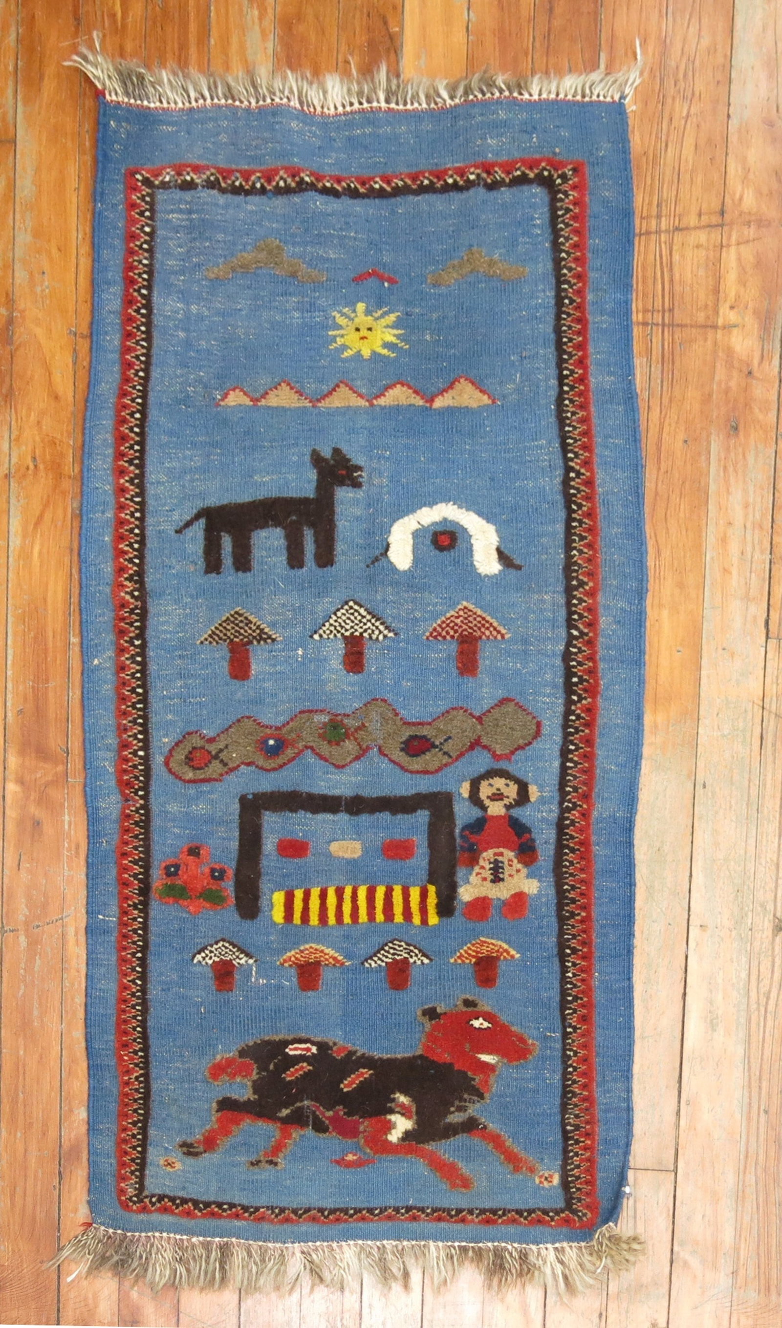 1' 8" x 3' 2" Persian Souf Yastik Pictorial Rug: 1' 8" x 3' 2" Persian Souf Yastik Pictorial Rug Persian Souf pictorial rug featuring the distinctive Souf weaving technique that combines flat-weave and pile for a raised low and high pile effect. Thi