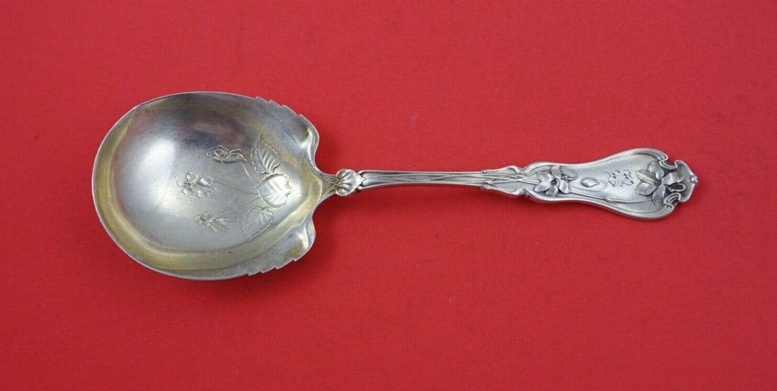 Violet Pattern Whiting Sterling Silver Preserve Spoon 7 1/4": Violet Pattern Whiting Sterling Silver Preserve Spoon 7 1/4" This exquisite preserve spoon from the Violet pattern by Whiting showcases a beautifully crafted design within its bowl. Made of high-quali
