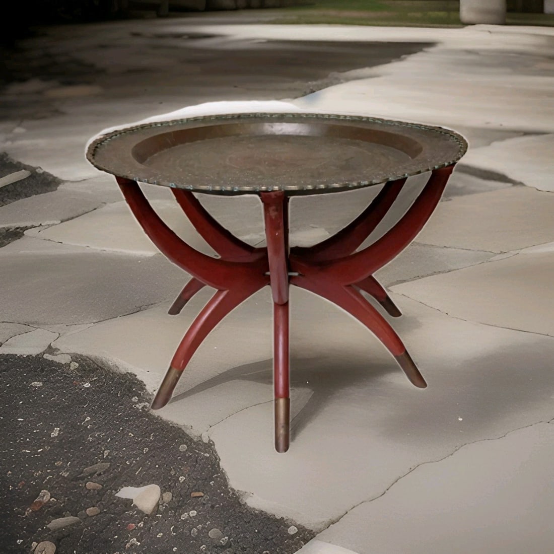 Bohemian Moroccan Brass Tray Table Folding Hanging 22 dia 15 h: Bohemian Moroccan Brass Tray Table Folding Hanging 22 dia 15 h Vintage Moroccan fold-away hanging tray table with a hand-chased brass tray and Bohemian Mid-Century Modern styling. This original antiqu