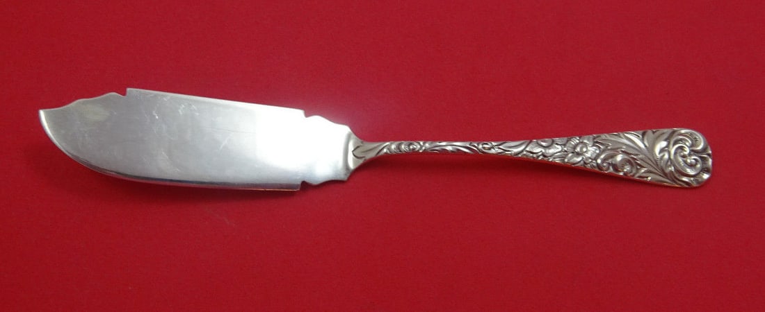 Durgin Scroll Sterling Silver Flat Handle Master Butter 7 3/4": Durgin Scroll Sterling Silver Flat Handle Master Butter 7 3/4" A sterling silver Master Butter with a flat handle, made by Durgin. It dates to the 1850-1899 period and is described as being in excelle