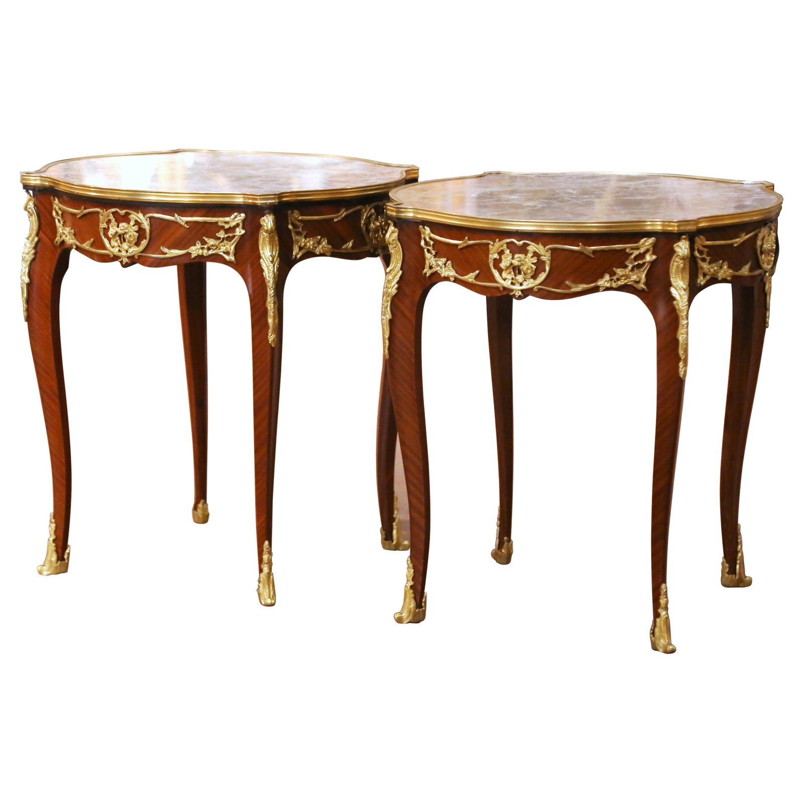 Set of 2 French Louis XV mahogany side tables with marble tops (1 of 11)
