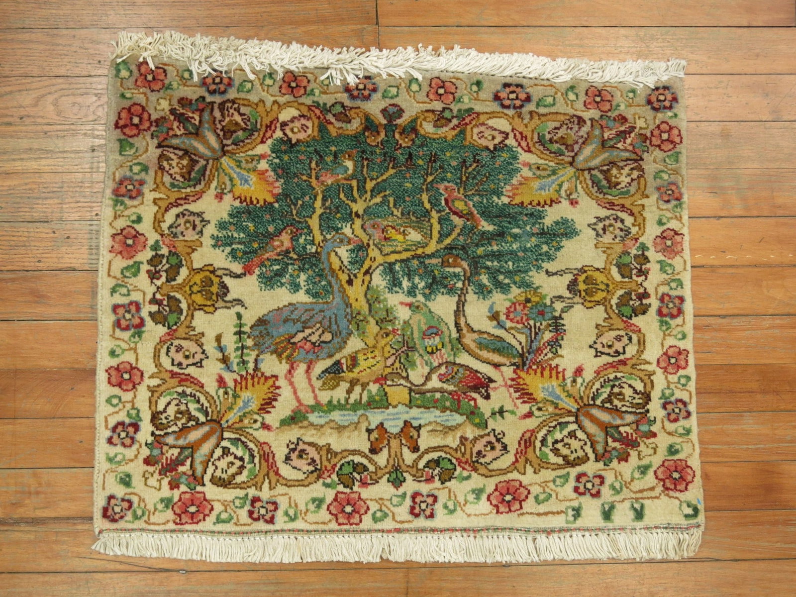 1' 10" x 2' 3" Persian Tabriz Yastik Pictorial Rug: 1' 10" x 2' 3" Persian Tabriz Yastik Pictorial Rug Vintage Persian Tabriz pictorial rug in the yastik category. This pre-owned piece features an enchanting pictorial design and reflects the distinctiv