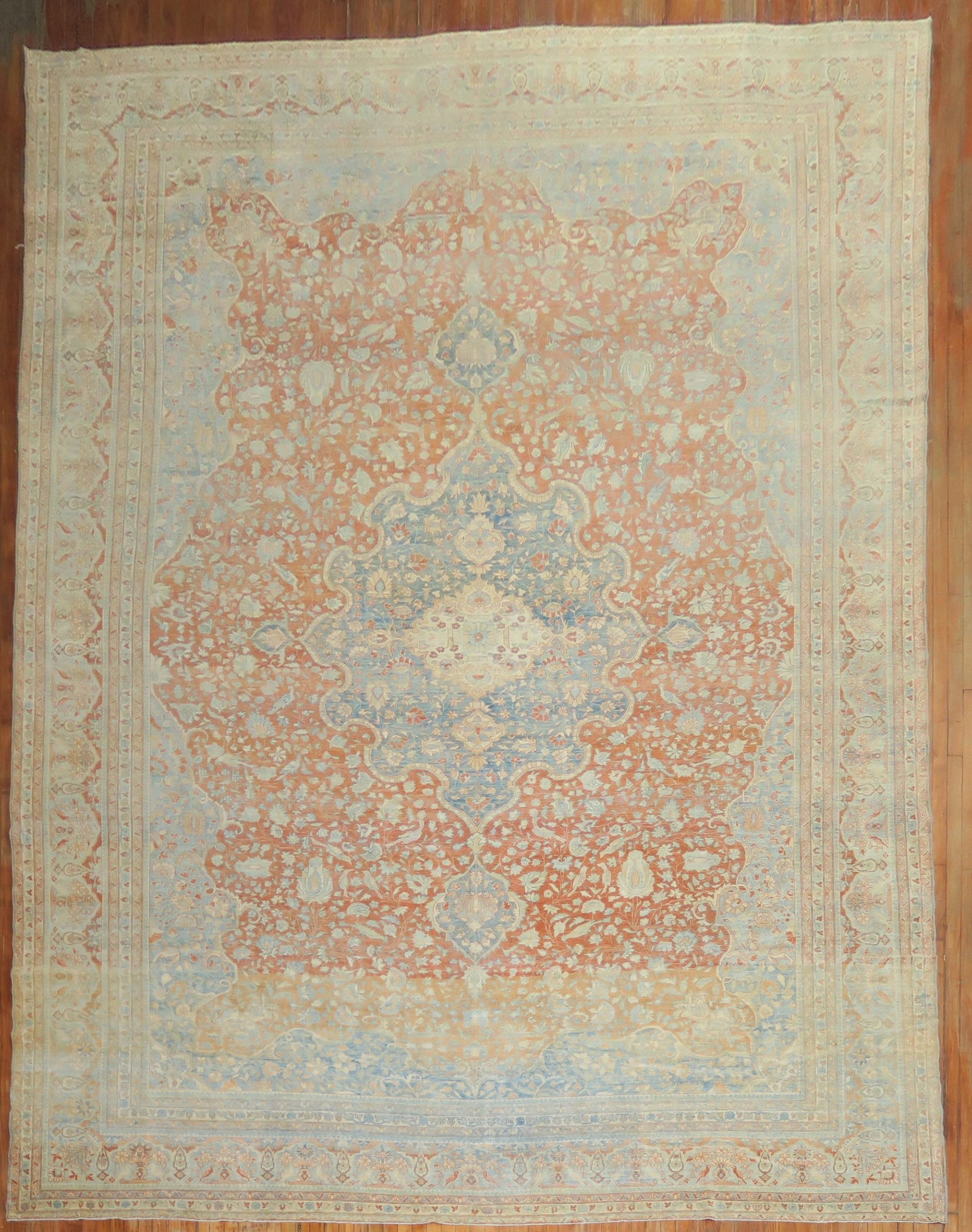 12' x 17' 5" Persian Mohtasham Kashan Oversize Rug: 12' x 17' 5" Persian Mohtasham Kashan Oversize Rug Early 20th century Persian Mohtasham Kashan oversize rug with a decorative pattern and a color palette described as pretty oranges and light blue. Th