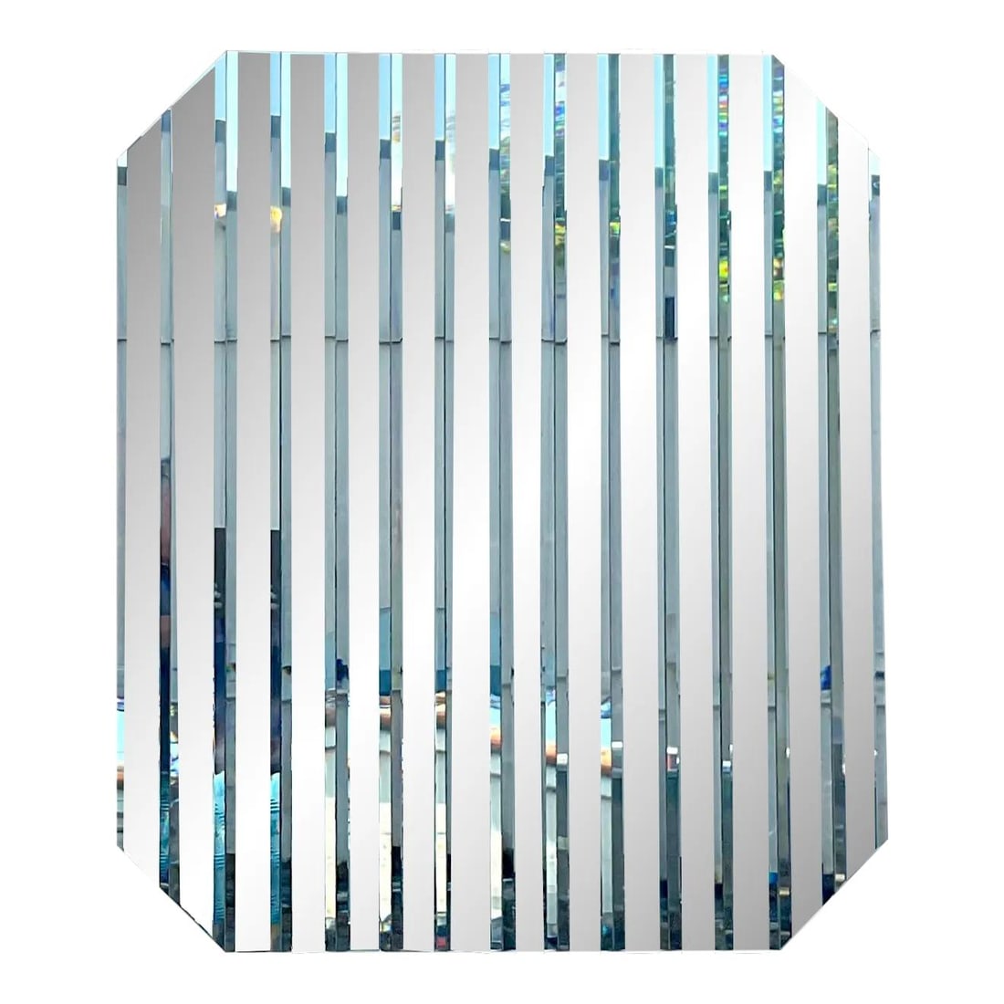 Vintage Boho Beveled Glass Stripe Mirror Silver 43 x 50: Vintage Boho Beveled Glass Stripe Mirror Silver 43 x 50 Enhance your space with this vintage Boho Beveled Glass Stripe Mirror, a perfect blend of American creativity and eclectic design. The charming 