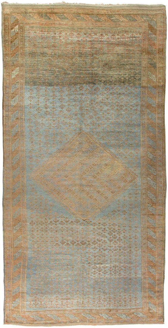 8' 7" x 17' 1" Persian Kurd corridor rug powder blue tribal: 8' 7" x 17' 1" Persian Kurd corridor rug powder blue tribal Persian tribal Kurd corridor rug in powder blue with sand and gray accents. One end features a gray abrash. Circa 1920. Specifications Item 