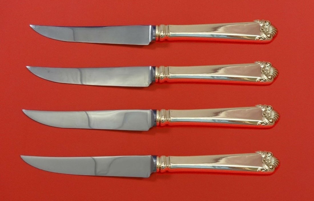 Watson George II Sterling Silver Steak Knife Set 4pc Custom Made 8.5": Watson George II Sterling Silver Steak Knife Set 4pc Custom Made 8.5" Elevate your dining experience with this exquisite 4-piece steak knife set in the George II pattern by Watson. Each knife features