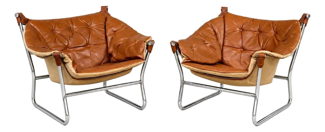 Pair of Tormod Alnaes leather sling lounge chairs chrome frames (1 of 9)