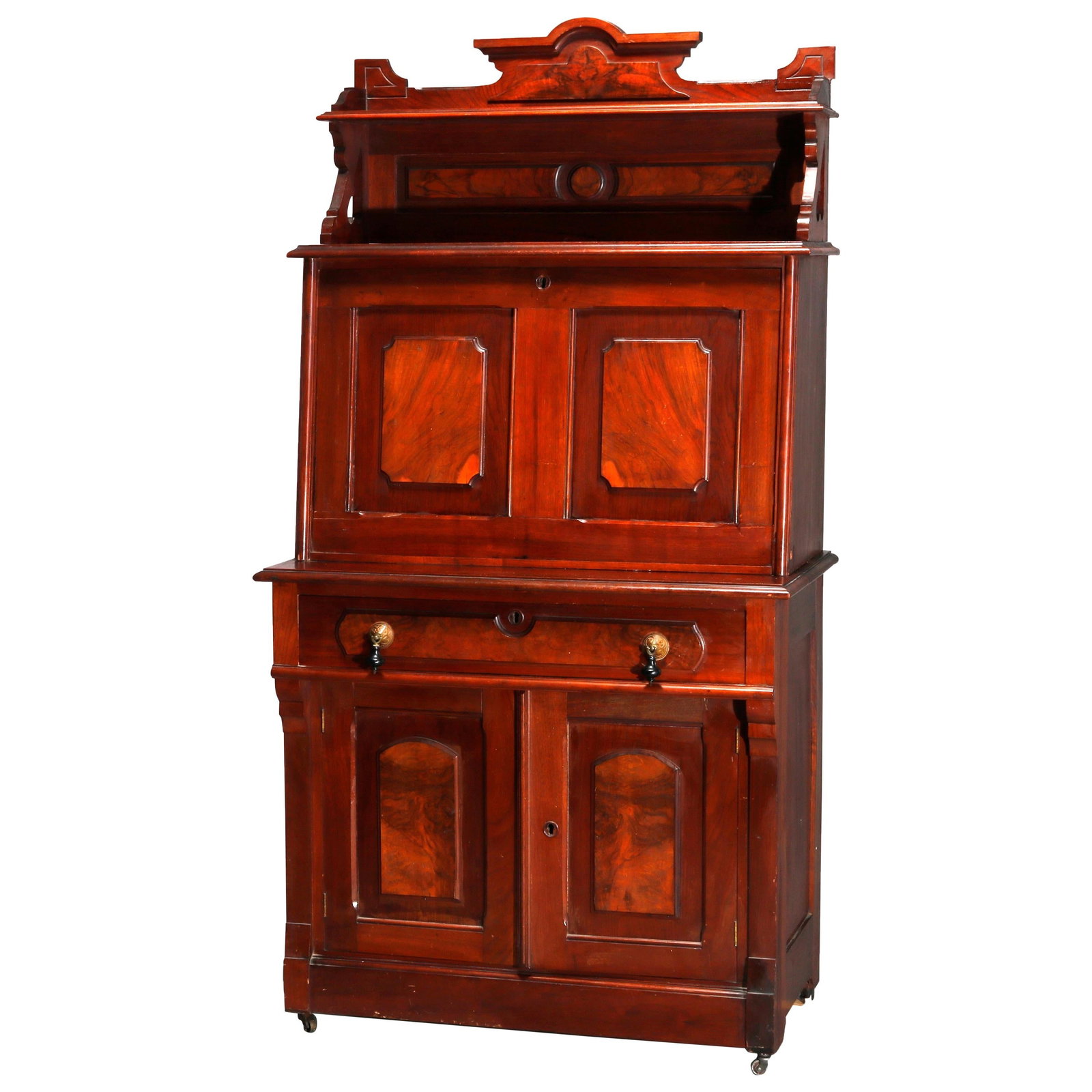 Antique Eastlake Slant Front Secretary Walnut Burl 1890: Antique Eastlake Slant Front Secretary Walnut Burl 1890 This exquisite Antique Eastlake Slant Front Secretary, crafted circa 1890, showcases the elegance of 19th-century design. Constructed from rich 