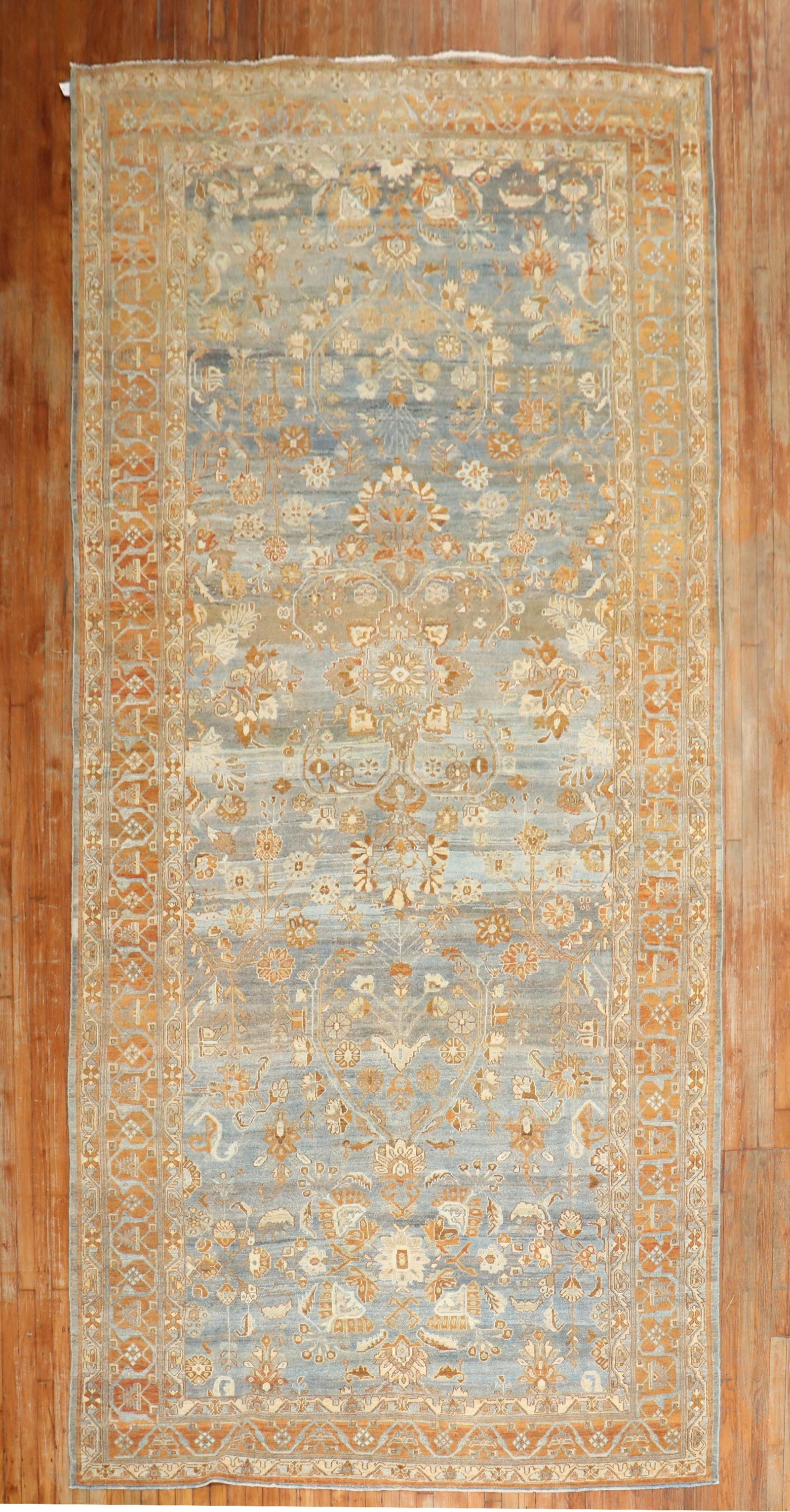 7' 1" x 16' Blue Apricot Persian Malayer Bibikabad Gallery Rug: 7' 1" x 16' Blue Apricot Persian Malayer Bibikabad Gallery Rug Persian Bibikabad rug from the early 20th century, featuring a blue and apricot color palette. This pre-owned gallery-size rug is identif