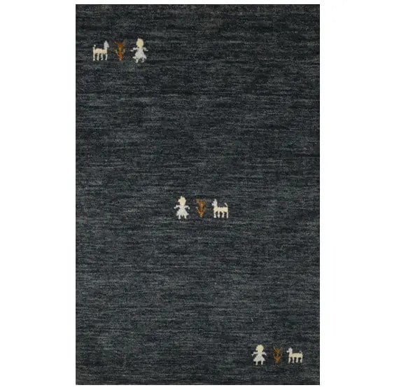 Charcoal Wool Hand-Loomed Modern Gabbeh Rug 2x3 for Entryway or Bedroom: Charcoal Wool Hand-Loomed Modern Gabbeh Rug 2x3 for Entryway or Bedroom This Gabbeh modern rug features a pictorial pattern in a charcoal color, crafted by hand using wool and a hand-loomed technique.