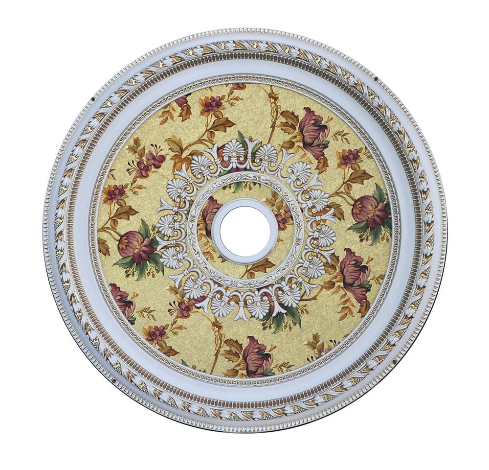 Artistry 32 Inch Round Floral Ceiling Medallion: Artistry 32 Inch Round Floral Ceiling Medallion This 32-inch round ceiling medallion features a vintage floral design, ideal for enhancing the elegance of foyers, dining rooms, kitchens, and other liv