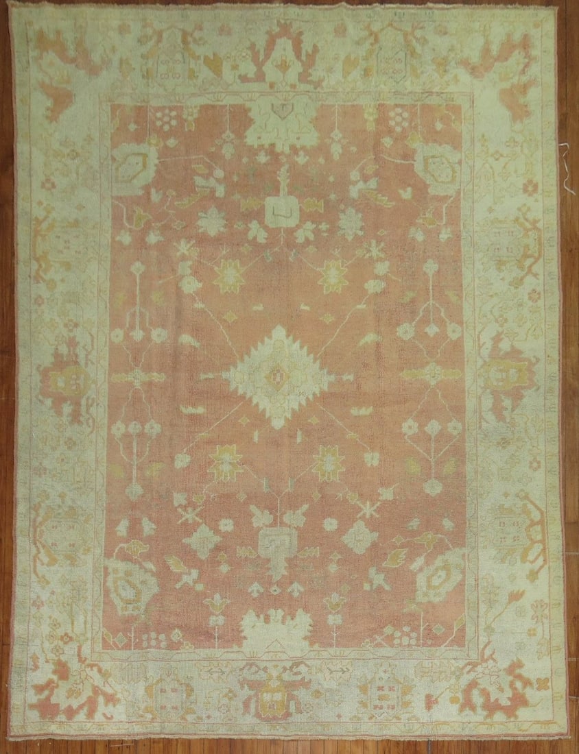 7' 10" x 10' 10" Antique Turkish Oushak Room Rug Peach Cream: 7' 10" x 10' 10" Antique Turkish Oushak Room Rug Peach Cream Antique Turkish Oushak rug from the first quarter of the 20th century, featuring a soft peach and cream palette. This pre-owned room-size r
