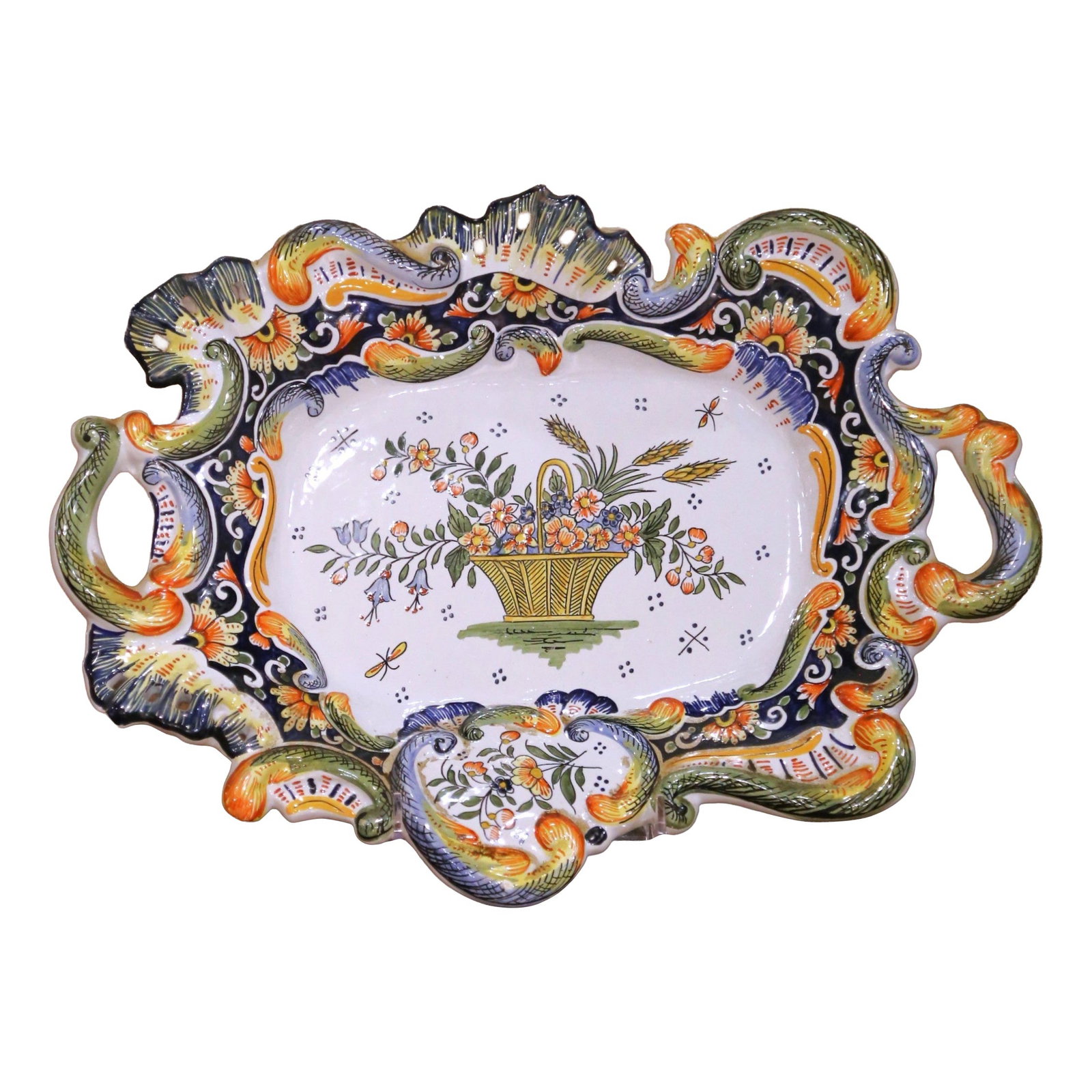 French Antique Rouen Faience Hand Painted Tray with Pierced Handles circa 1880 (1 of 10)