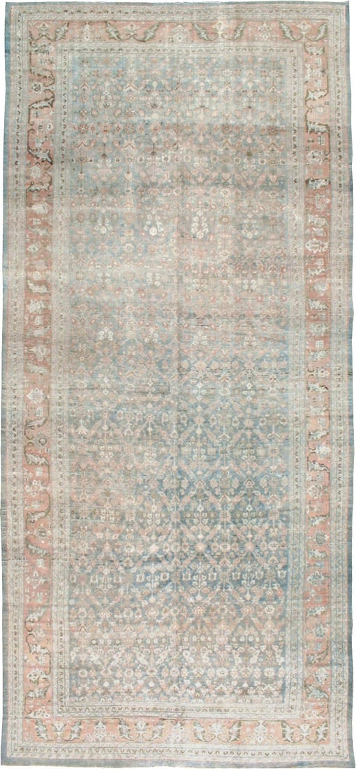 8' 8" x 19' 2" Early 20th Century Malayer Gallery Rug Blue Peach: 8' 8" x 19' 2" Early 20th Century Malayer Gallery Rug Blue Peach Early 20th century Malayer gallery rug in a blue and peach color palette. This pre-owned piece is noted as a rare size and falls within
