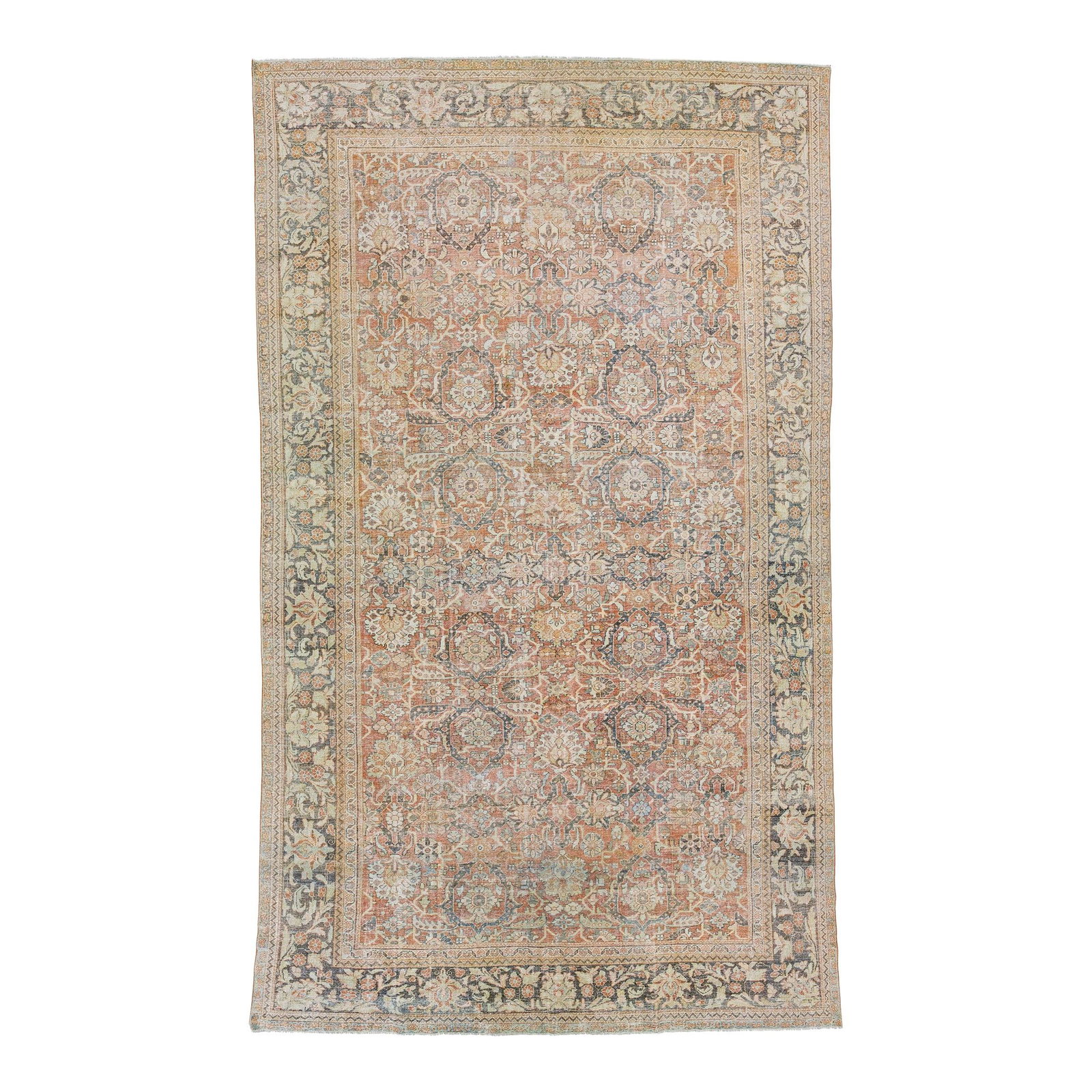 1920s Antique Persian Mahal Wool Rug Oversized Allover Floral Design: 1920s Antique Persian Mahal Wool Rug Oversized Allover Floral Design This stunning 1920s hand-knotted Persian Mahal wool rug features a vibrant rust main field adorned with an intricate allover floral