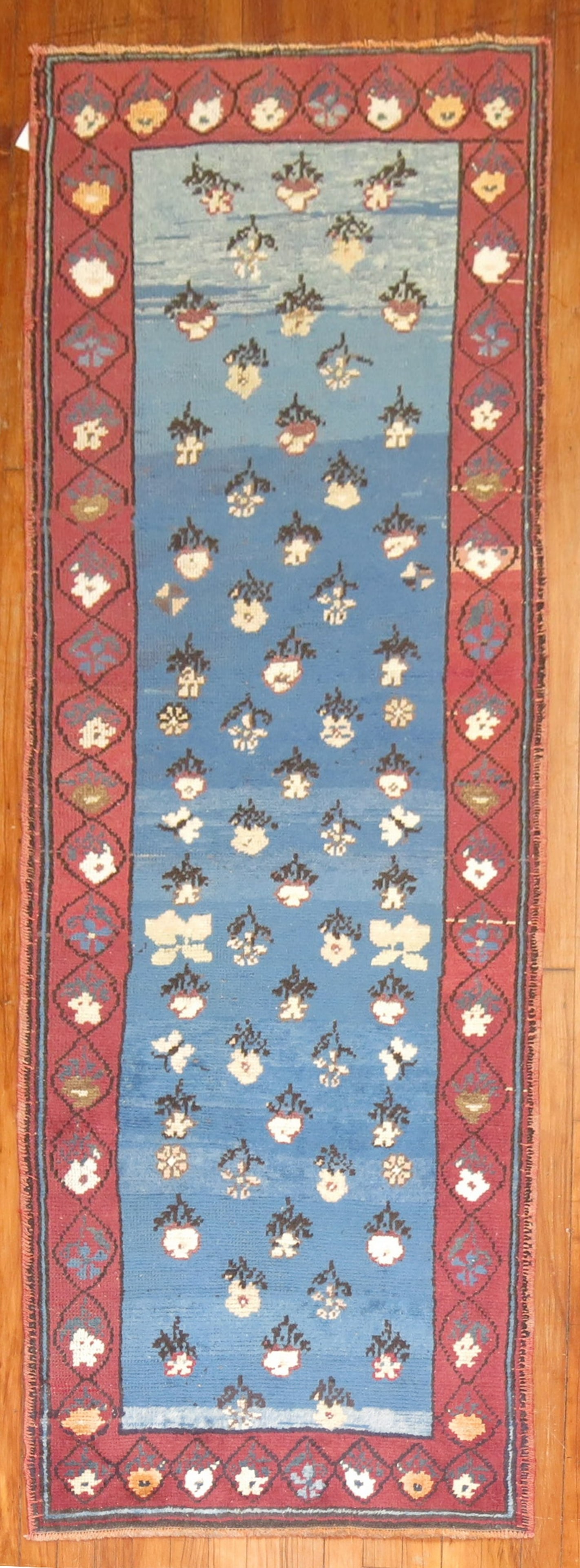 2' 7" x 8' 1" Vintage Konya Turkish Blue Runner Rug: 2' 7" x 8' 1" Vintage Konya Turkish Blue Runner Rug One-of-a-kind vintage Turkish Konya runner with an enchanting blue ground. This pre-owned runner features a long rectangular form and traditional de