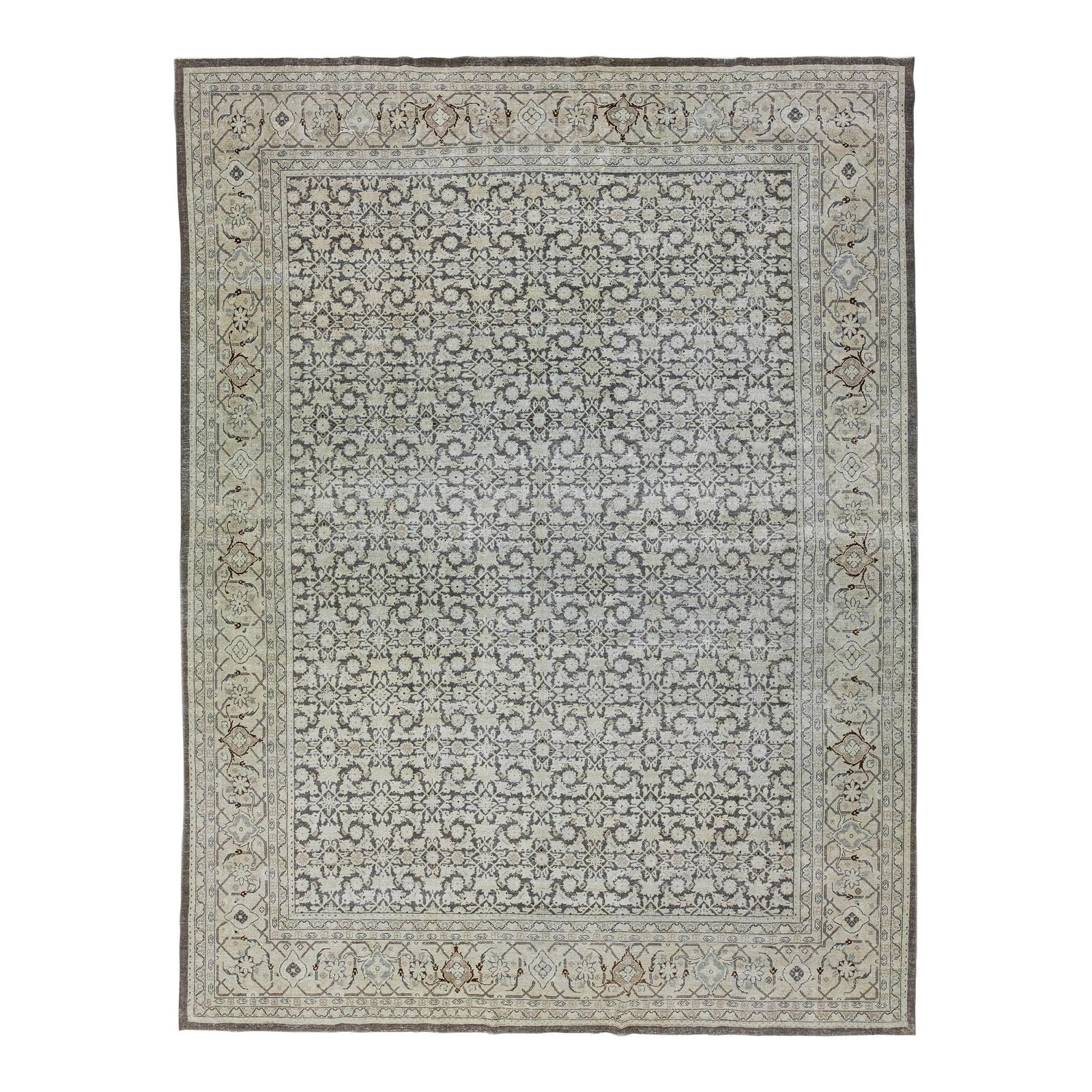 Antique Tabriz Handmade Wool Rug Gray Beige Floral 10'6 x 14': Antique Tabriz Handmade Wool Rug Gray Beige Floral 10'6 x 14' This stunning antique Tabriz rug features a sophisticated gray color field, beautifully accented by an all-over floral pattern in shades o