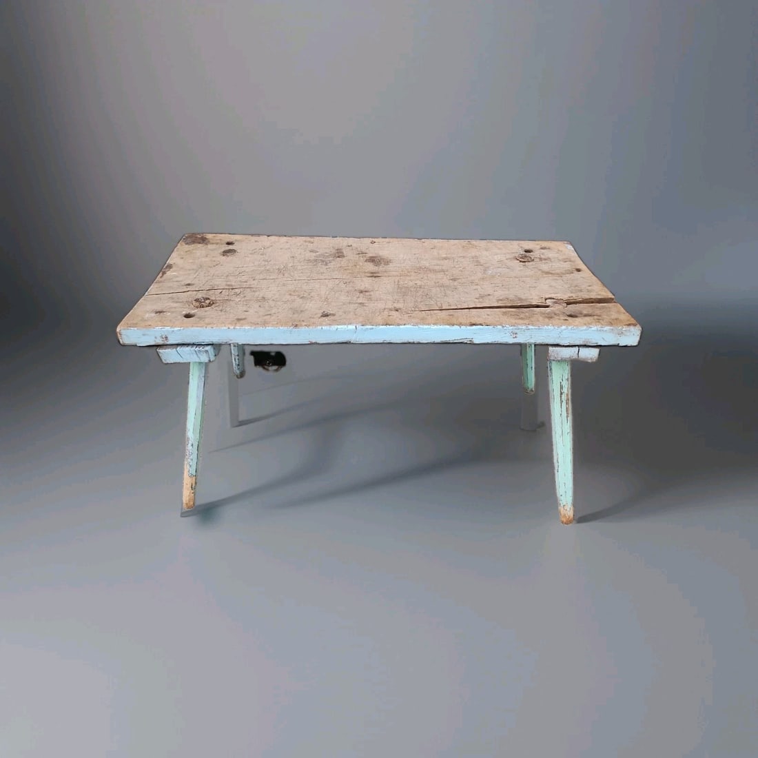 48x24x22 Primitive Hog Butcher Block Table with Early Blue Paint: 48x24x22 Primitive Hog Butcher Block Table with Early Blue Paint Antique 19th century hog farm butcher block table with primitive early American country styling and rare early paint. This pre-owned pi